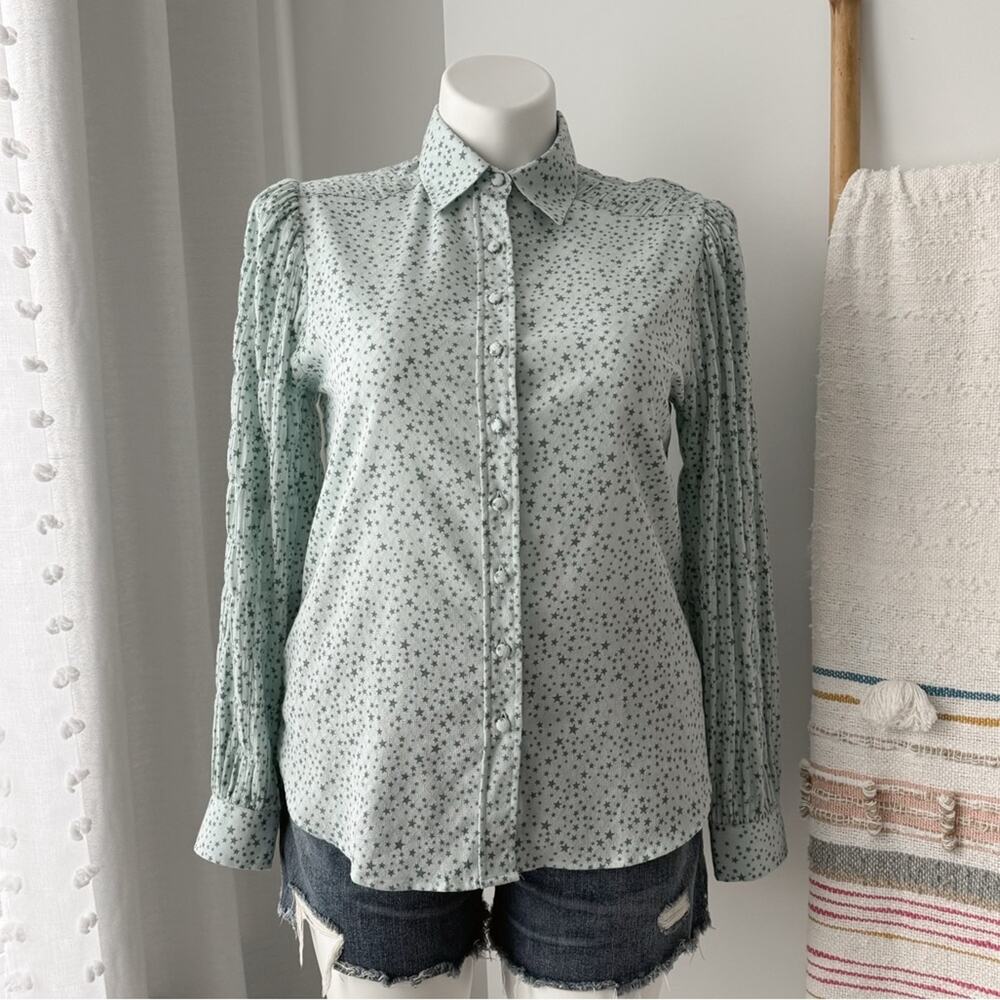 The Shirt Rochelle Behrens Blue Star Print Long Puff Sleeves Button Down Shirt M
